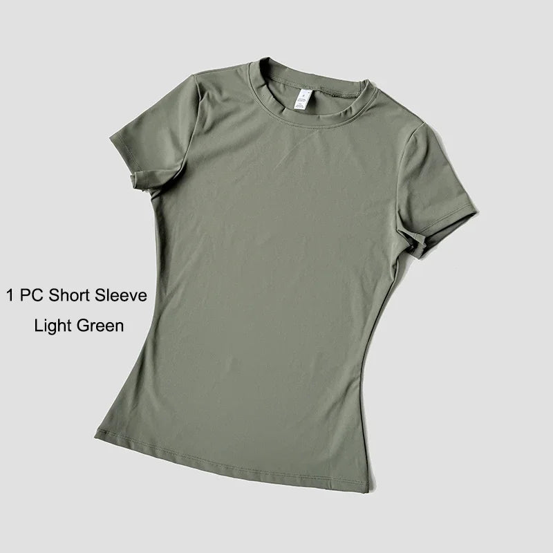 Quick-Drying Gym Leggings Set – Breathable Stretchy Slim Fitness Sport Suit with Short Sleeve Active Top