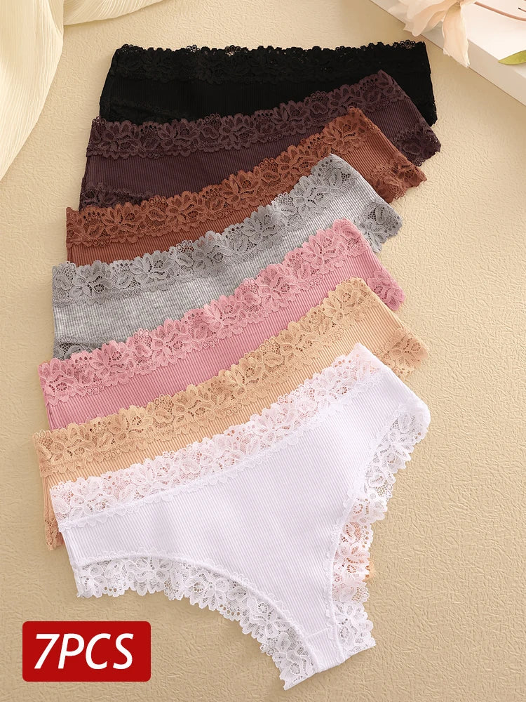 7PCS Women Sexy Lace Seamless Brazilian Panties – Cotton, Breathable, Low Rise Soft Underwear Lingerie