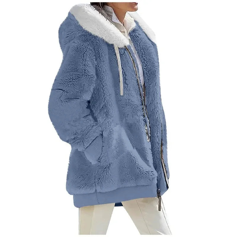 Damen-Freizeitjacke mit Kapuze und Reißverschluss aus Kaschmir-Fleece, einfarbig, für Herbst und Winter