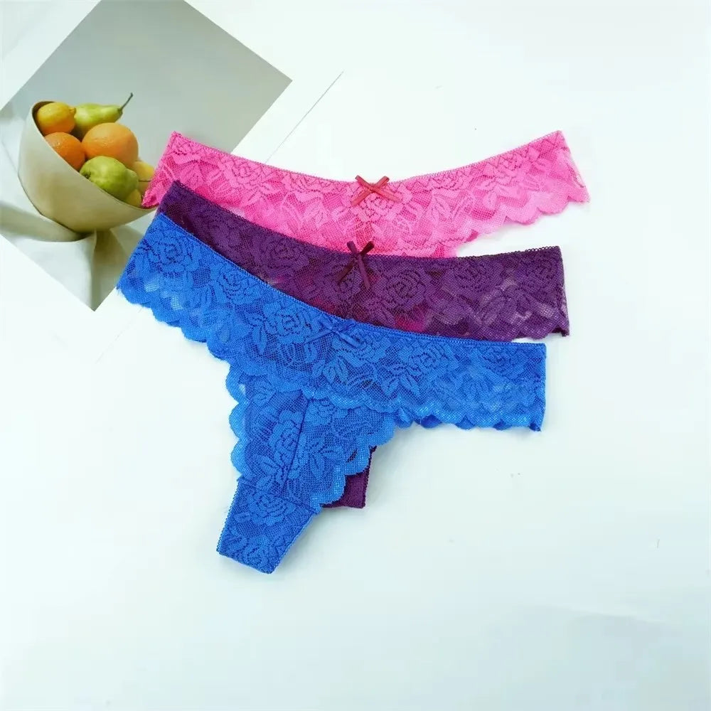 3PCS Ladies Sexy Low Waist Lace Thongs – Transparent G-String Panties, Soft Comfortable Underwear