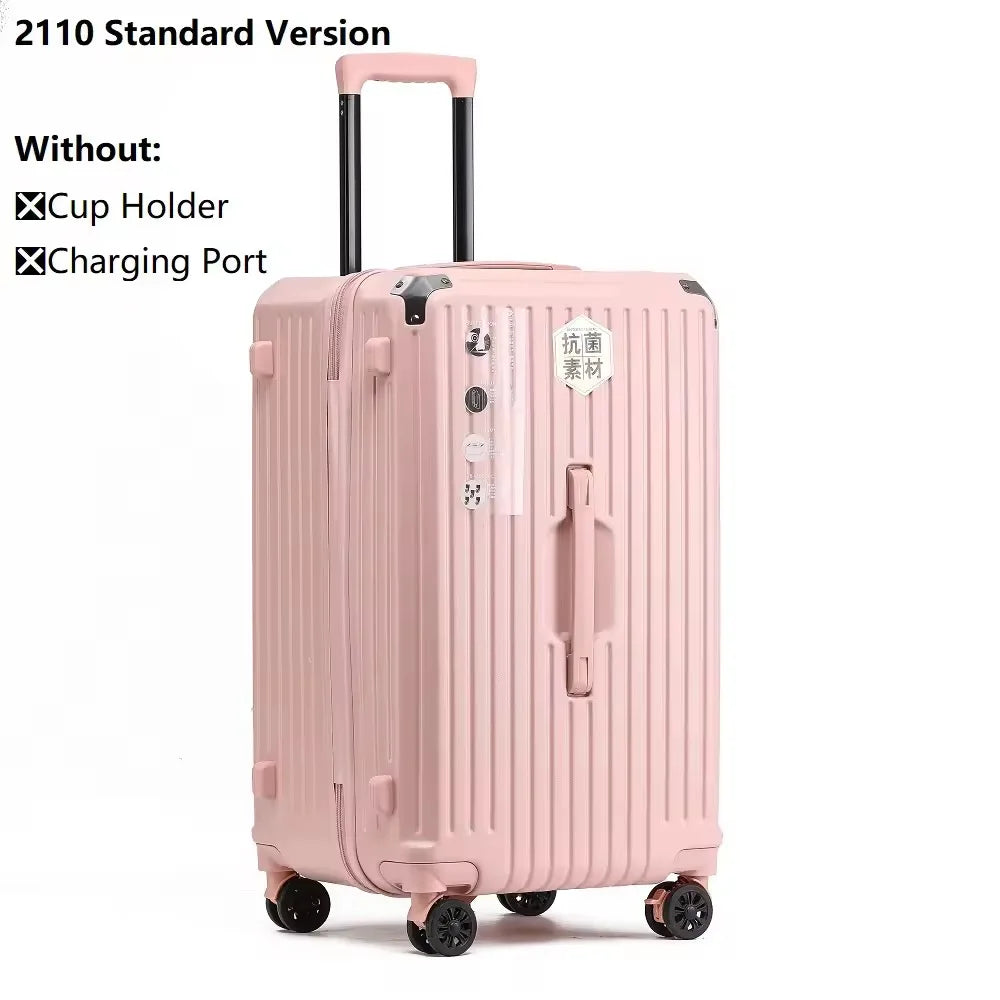 Large Capacity Luggage Suitcase | USB Charging Carry-On with Cup Holder for Women & Girls | Travel 20/24/26/28 Inch