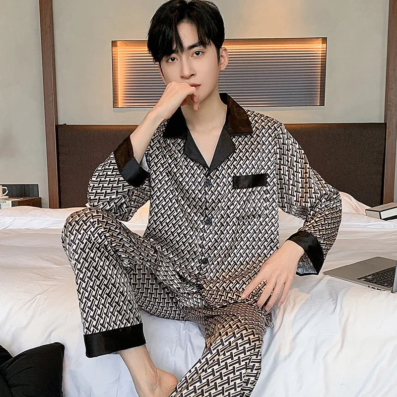 Men's High Quality Pajama Set | Spring & Autumn Thin Ice Silk Polyester Sleepwear | Long Sleeve Plus Size Summer Homewear