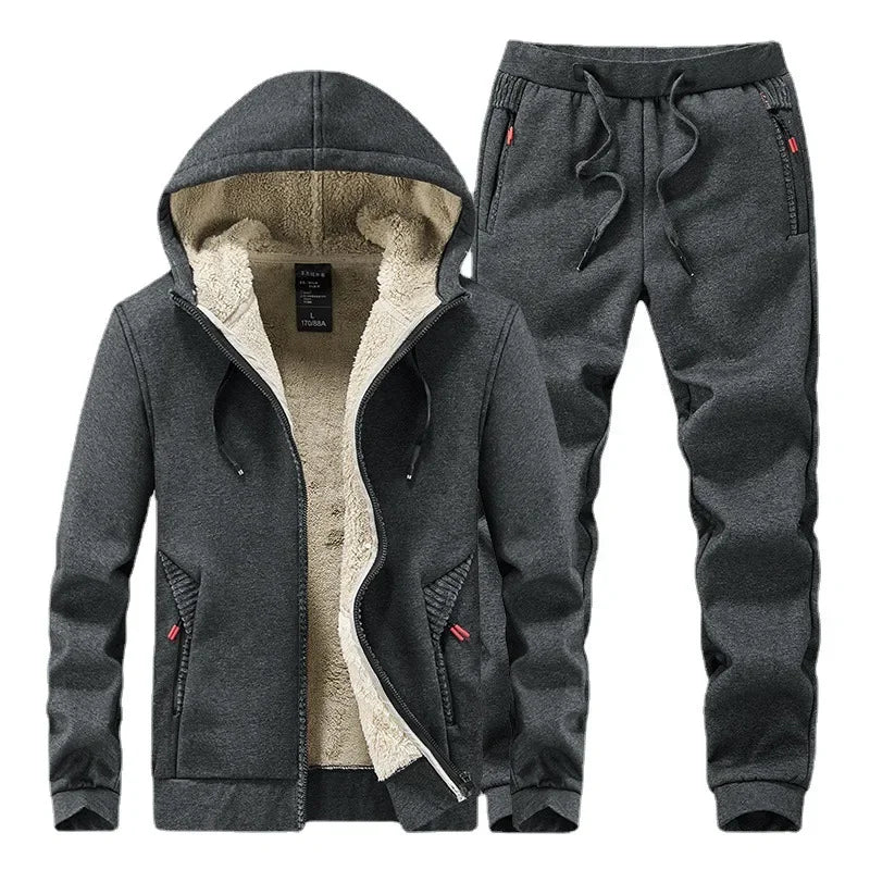 Men’s Winter Cashmere Fleece Tracksuit – Thick Warm Hooded Thermal 2-Piece Hoodie & Pants Set