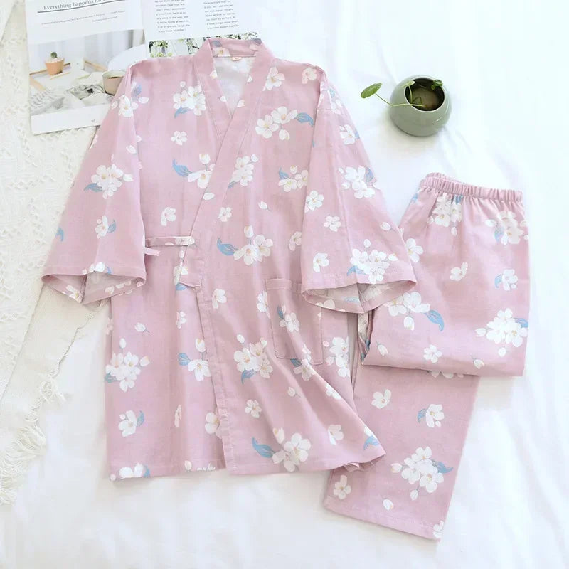 2025 Japanese Style Women's Kimono Pajama Set | 100% Cotton Gauze Seven Sleeve Two-Piece | Cute Spring & Autumn Homewear
