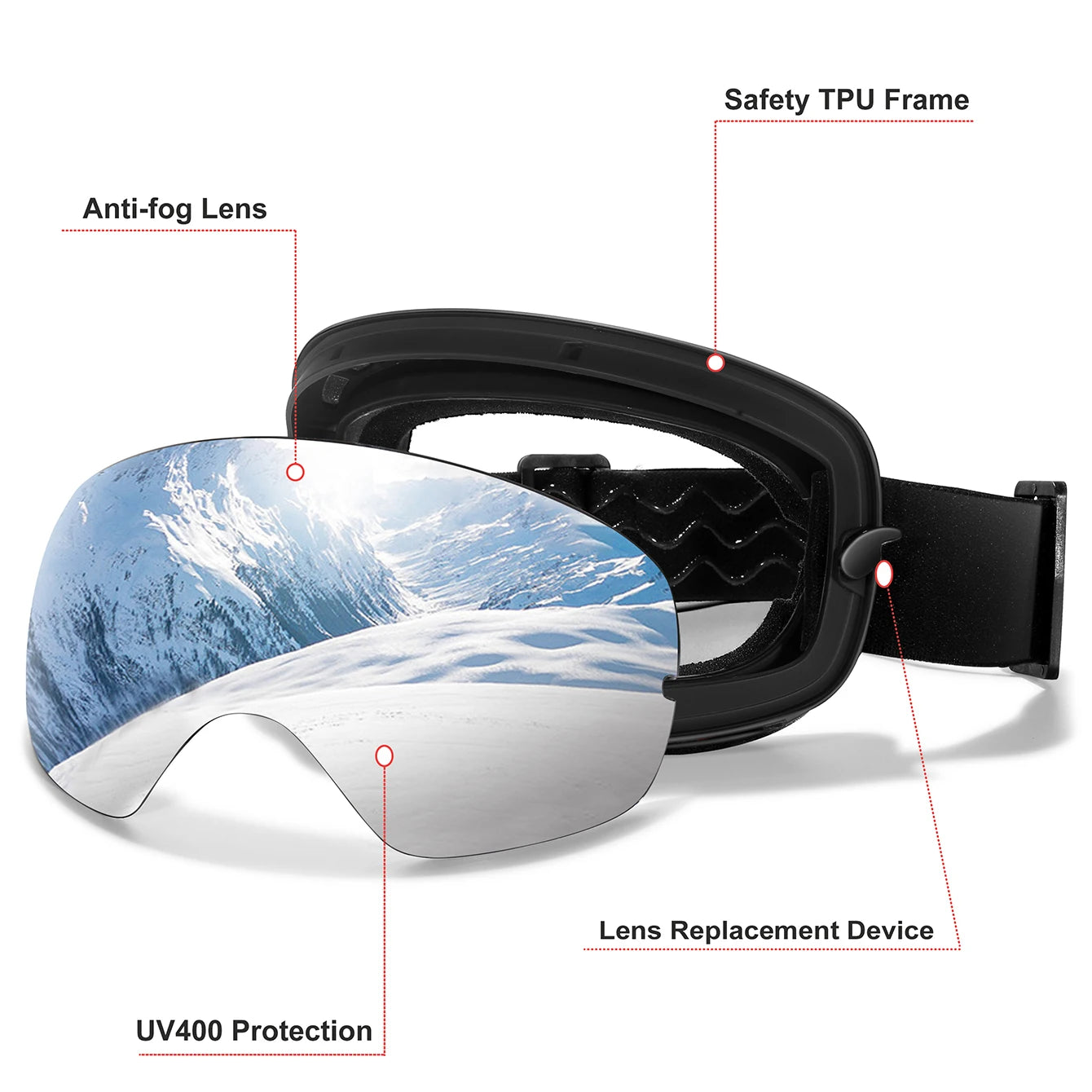 Men & Women Ski Goggles – Anti-Fog Snowboarding/Snowmobile Glasses with UV400 Changeable Lens, Outdoor Sports & Cycling