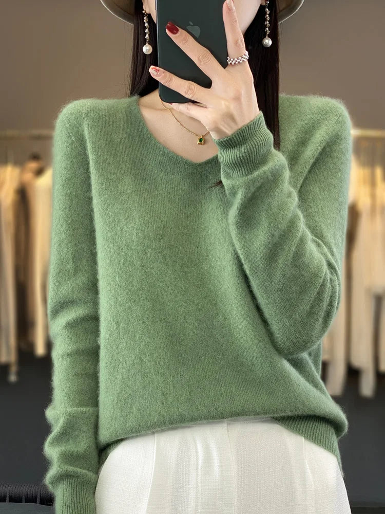 Fashion 100% Merino Wool Cashmere V-Neck Sweater Women Long Sleeve Autumn Winter Knitwear