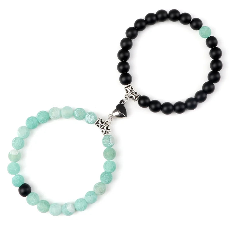 2-Pcs Natural Stone Bead Couple Bracelets – Heart Magnet Distance Friendship Jewelry Gift for Lovers