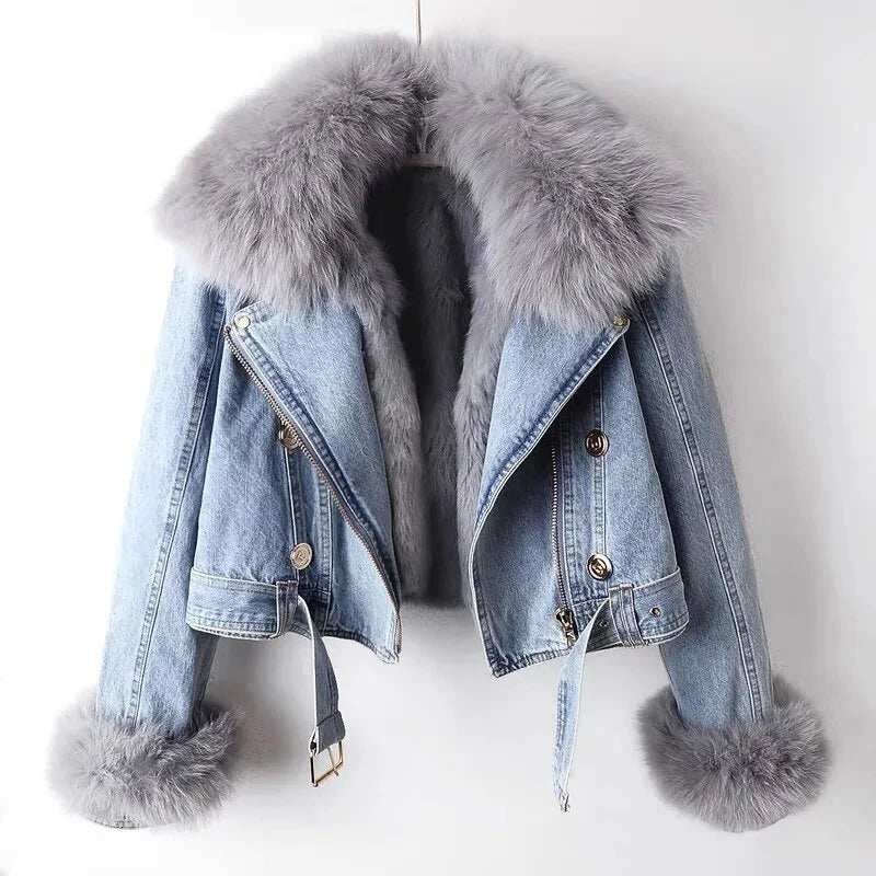 New Winter Denim Jacket Women Faux Fox Fur Collar Short Jean Coat with Warm Rabbit Hair Lining