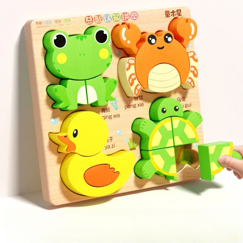 Montessori Cartoon 3D Wooden Puzzle Animal Traffic Jigsaw Toys for Kids Early Learning Educational Cognitive Game Children Gifts