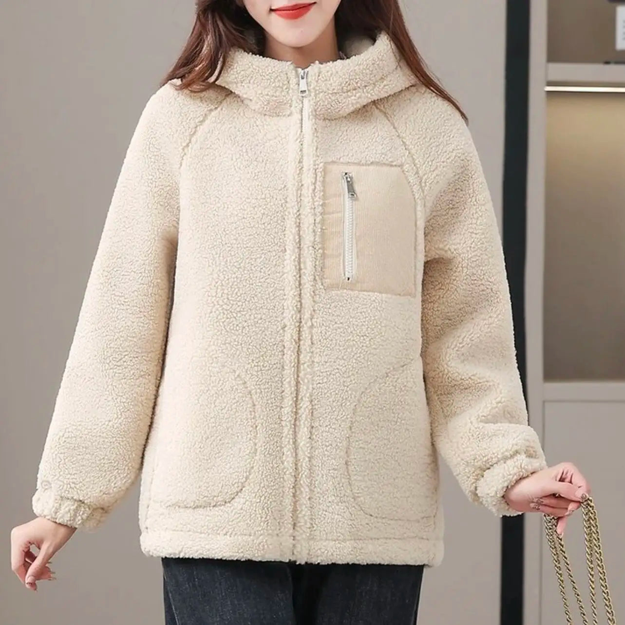 Winter Sherpa Fleece Coat Patchwork Pocket Wool-Lined Thickened Women's Plush Thermal Full Zipper Outerwear