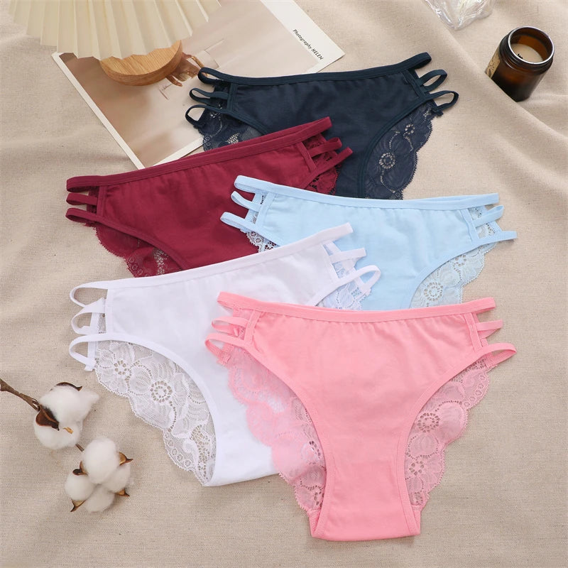 FINETOO 3PCS Women's Lace Floral Low-Waist Triple Belt Panties Soft Sexy Lingerie Underwear