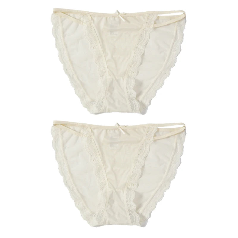 2PCS Women's Mesh Satin Ice Silk Low Rise Panties Soft Breathable Sexy Lace Underwear