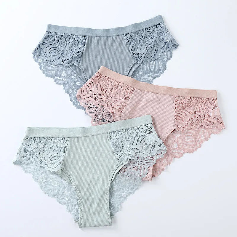 3Pcs Cotton Lace Panties for Women - Sexy Floral Briefs Underwear Lingerie Plus Size
