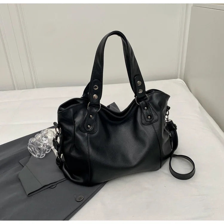 Large Capacity Black Shoulder Bag for Women – Soft Leather Tote, Crossbody Shopper & Travel Handbag