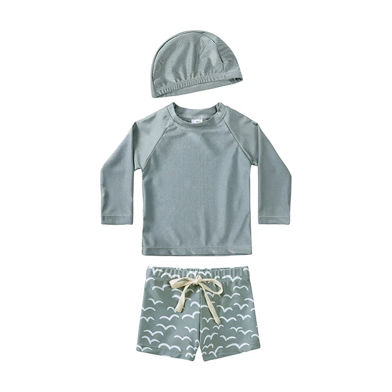 2025 Kids Boys Sun Protection Swimsuit Set Long Sleeve Tops Beach Pants Hat 1-7T