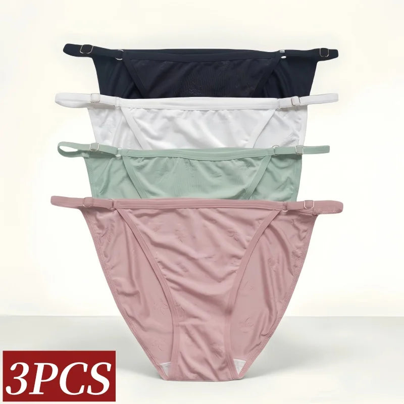 3PCS Set Women's Ice Silk Low Rise Brazilian Panties Solid Color Sexy Underwear S-XL