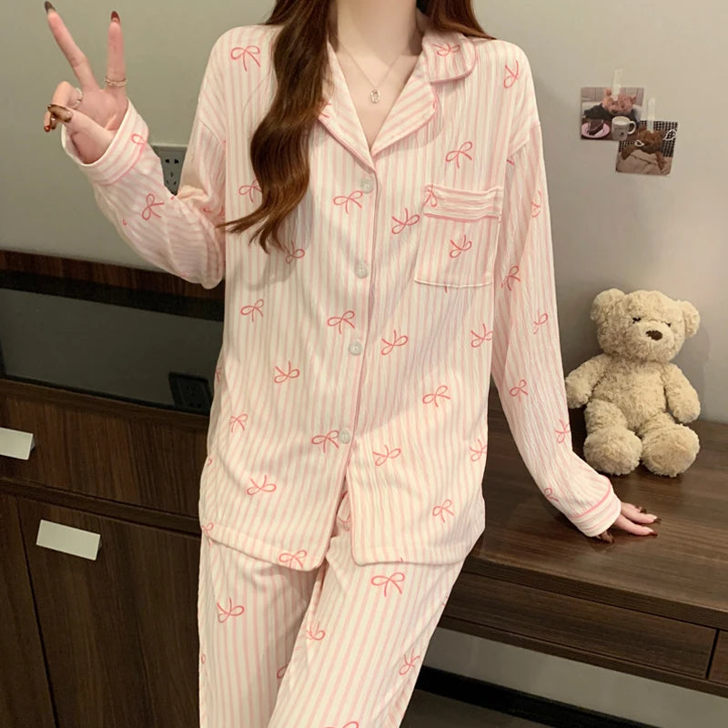 Women's Pink Bow Pajama Set | Harajuku Style Long Sleeve Top & Elastic Waist Pants Sleepwear
