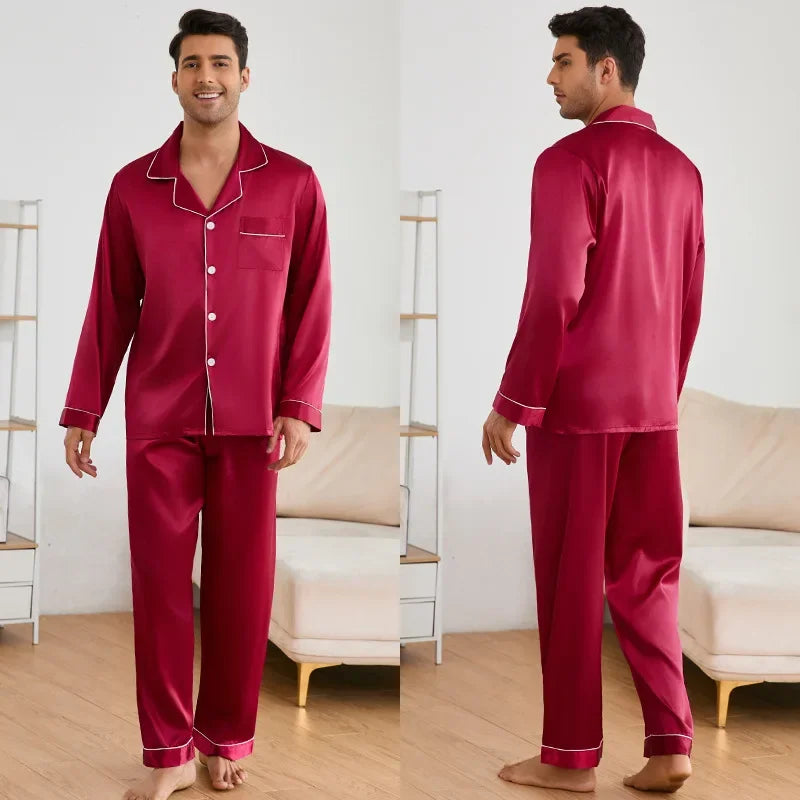 Men's Satin Pajama Set | Long Sleeve Top & Trousers | Soft Comfortable Autumn Sleepwear Loungewear