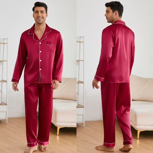 Men's Satin Pajama Set | Long Sleeve Top & Trousers | Soft Comfortable Autumn Sleepwear Loungewear