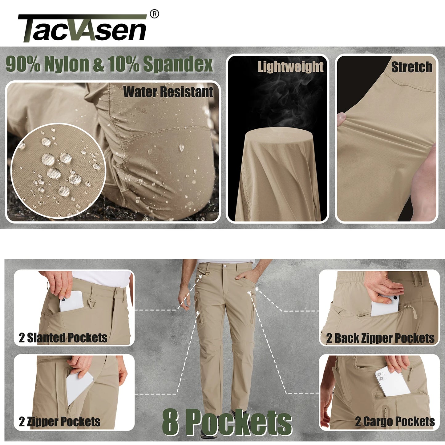 TACVASEN Lightweight Quick-Dry Cargo Pants – Men’s Summer Outdoor Hiking & Fishing Trousers