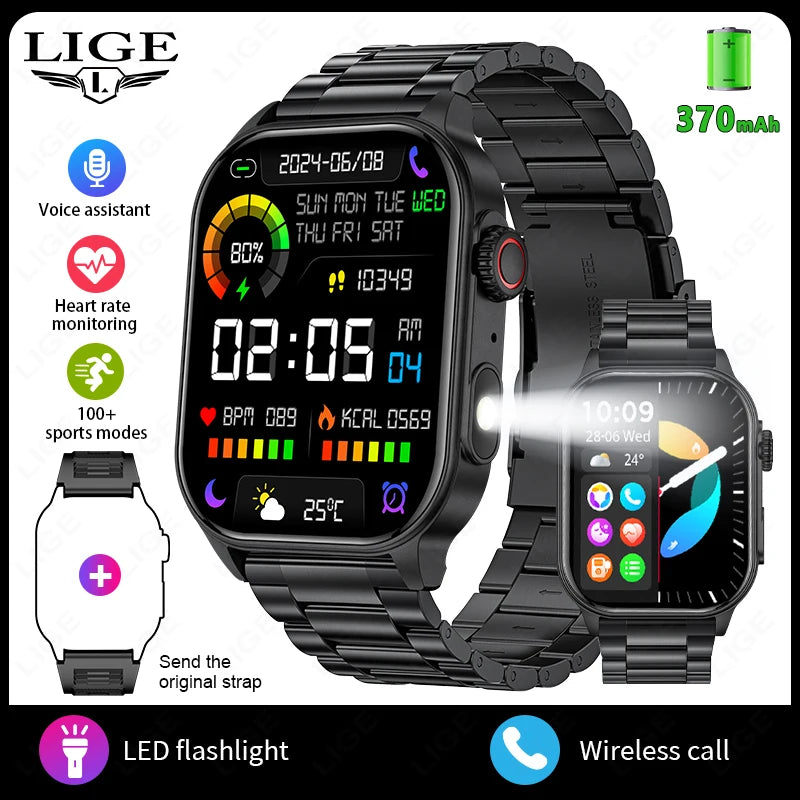 LIGE New Smart Watch | 2.01” HD Screen, AI Voice, Bluetooth Call, Flashlight, Sports & Health Monitor Smartwatch