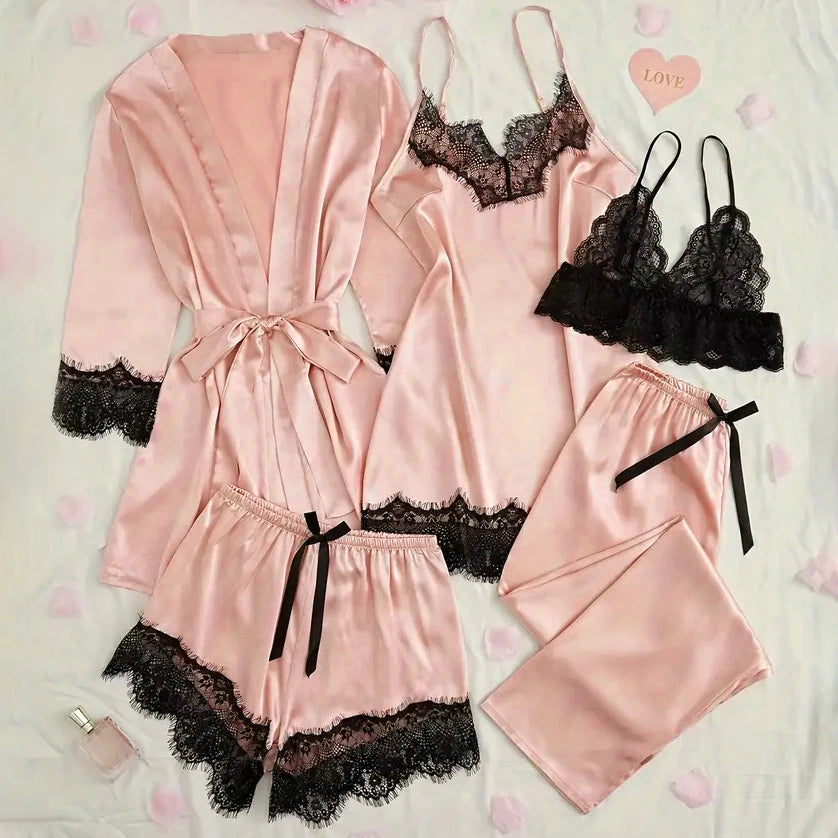 Women's Satin Sleepwear Pajama Set Pink Sexy Lingerie Bath Robe Lace Patchwork Silk Night Dress Trousers Home Nightwear