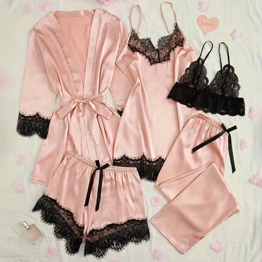 Women's Satin Sleepwear Pajama Set Pink Sexy Lingerie Bath Robe Lace Patchwork Silk Night Dress Trousers Home Nightwear