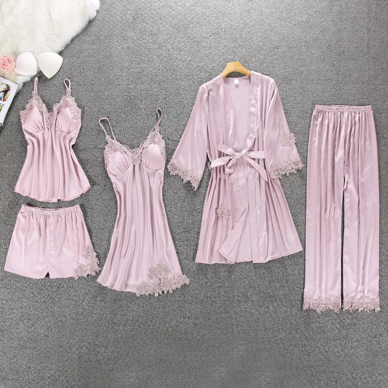 1/4/5PCS Women's Satin-Like Robe & Pajama Set | Lace V-Neck Cami Nightdress | Comfortable Home Sleepwear