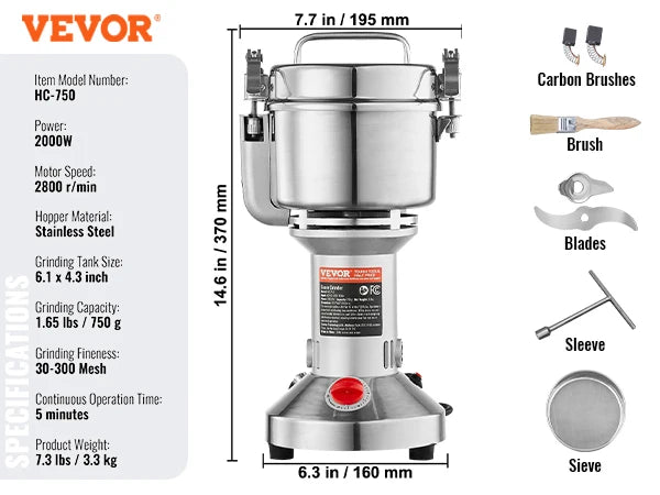 Electric Grain Mill Grinder 150-2500g Commercial Spice Herb Crusher