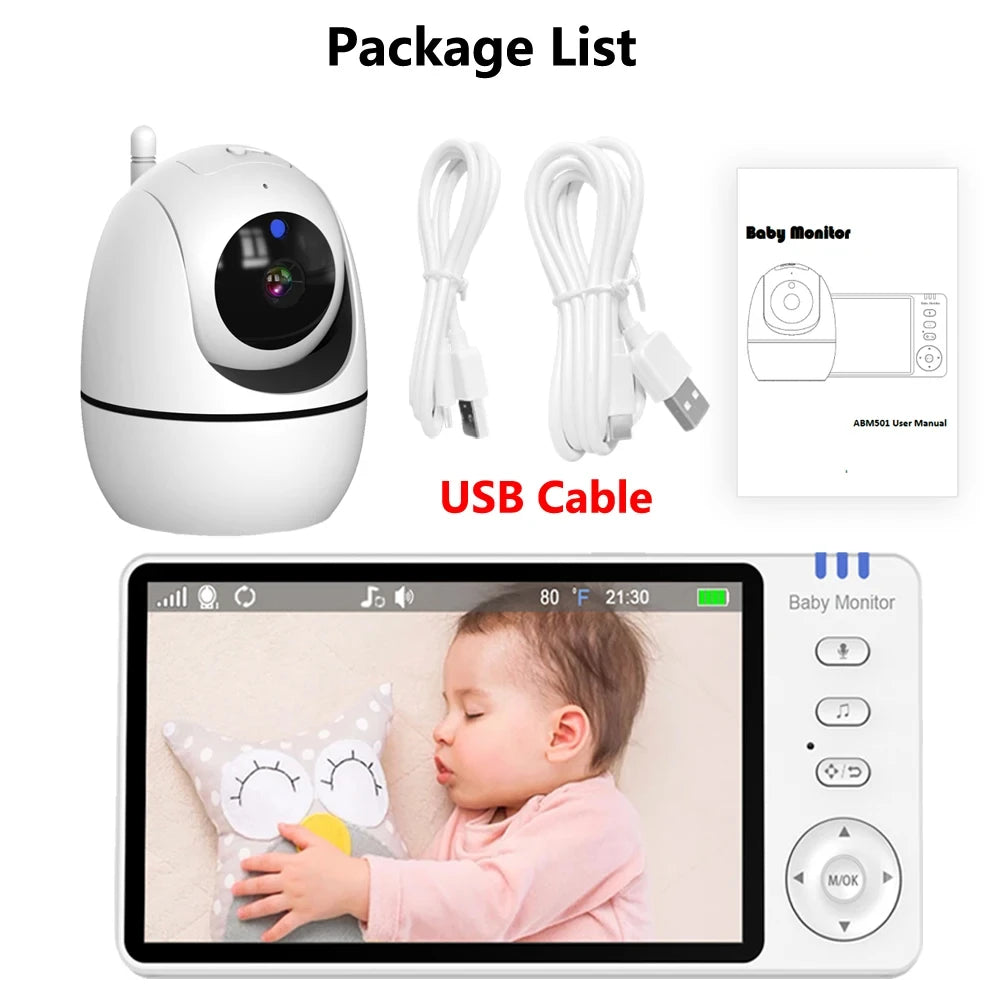 5-Inch Video Baby Monitor with Camera – PTZ Zoom, Two-Way Audio, Temperature Sensor, Lullabies & Security Surveillance