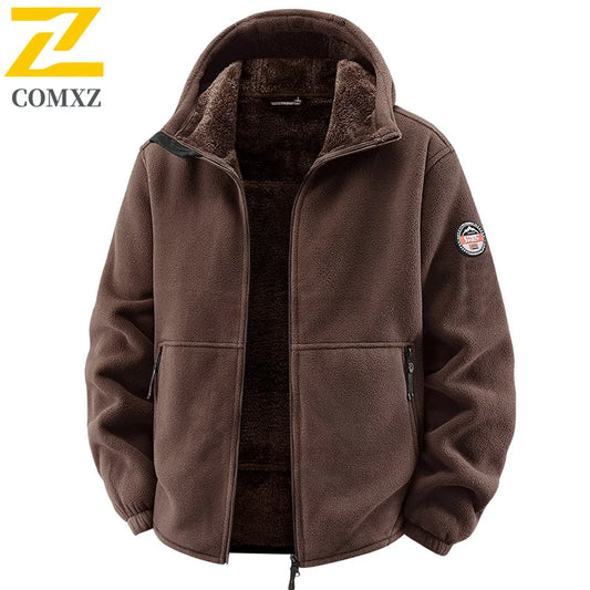 COMXZ Plus Size Hooded Jacket – Thickened Warm Fleece Travel Coat for Autumn Winter Camping