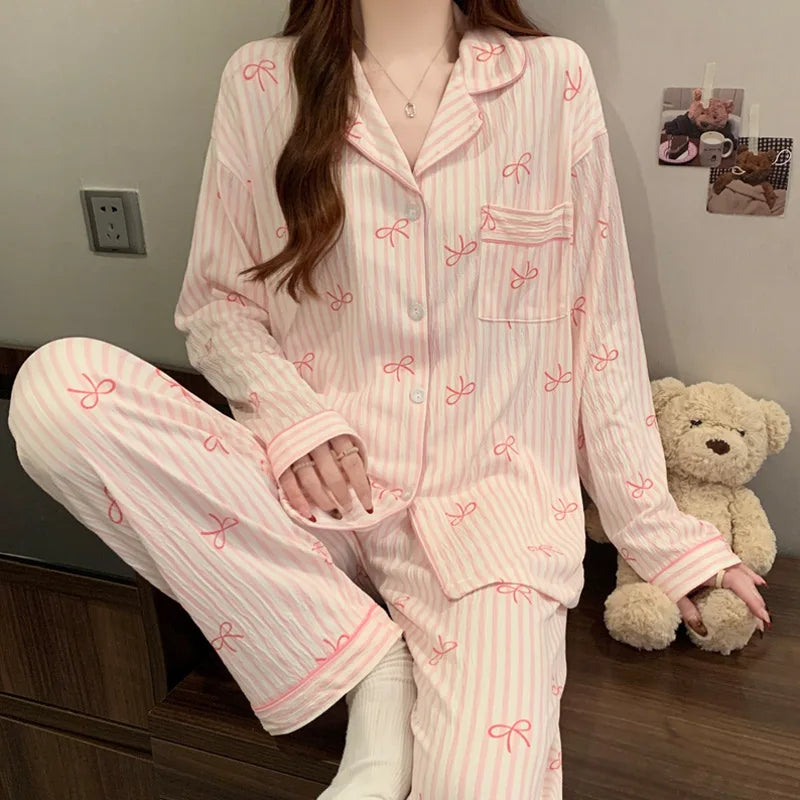 New Spring Autumn Women's Pajama Set | Love Cardigan Long Sleeve Crinkled Fabric Loungewear