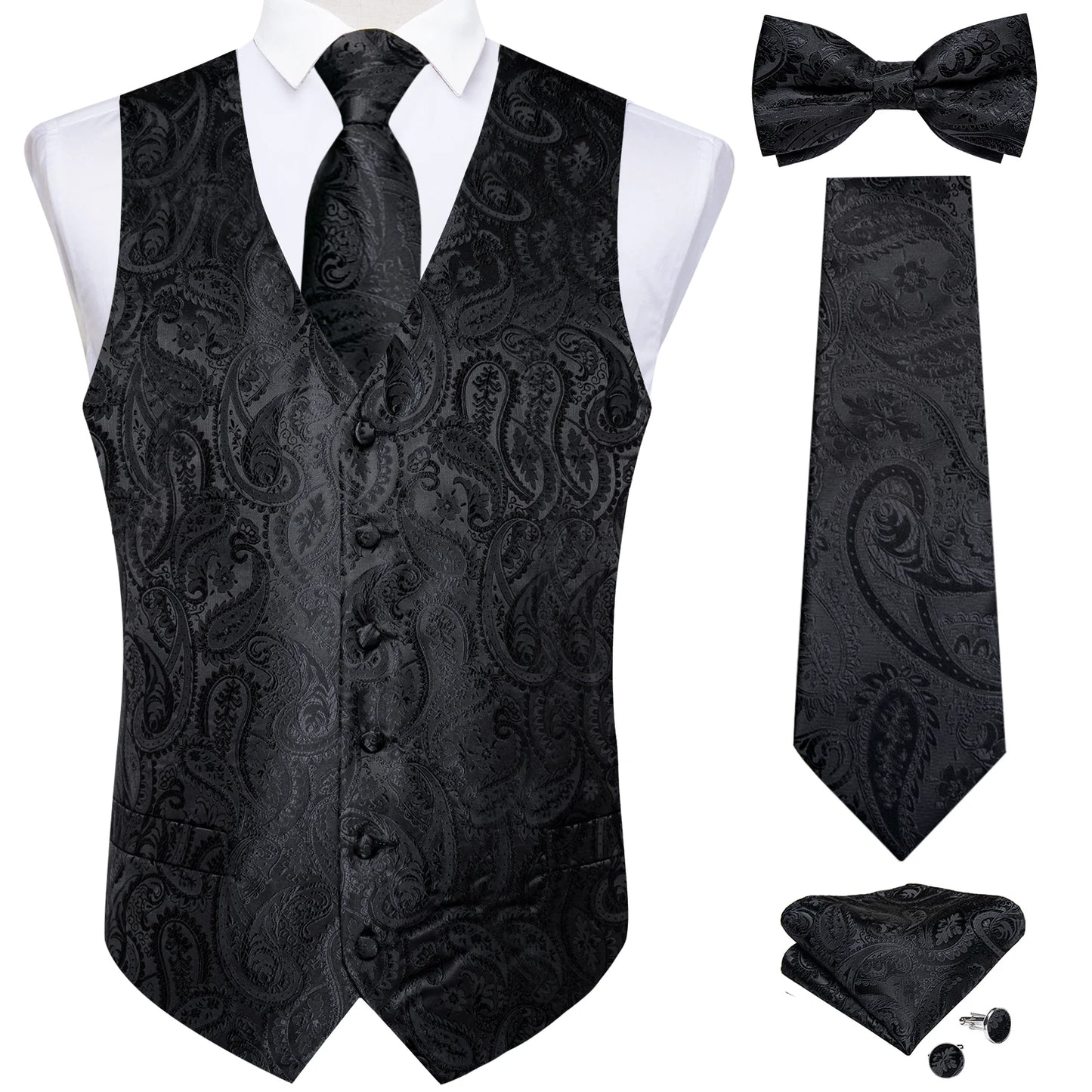 Men's Black Paisley Suit Vest with Necktie & Accessories – Formal Waistcoat for Wedding & Prom