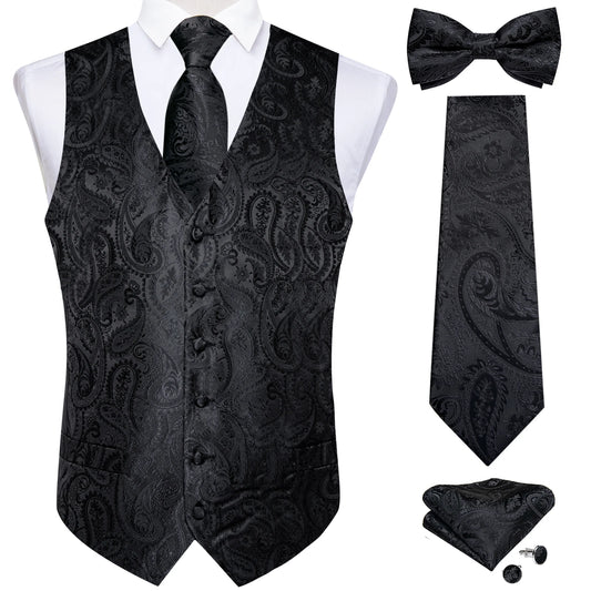 Men's Black Paisley Suit Vest with Necktie & Accessories – Formal Waistcoat for Wedding & Prom