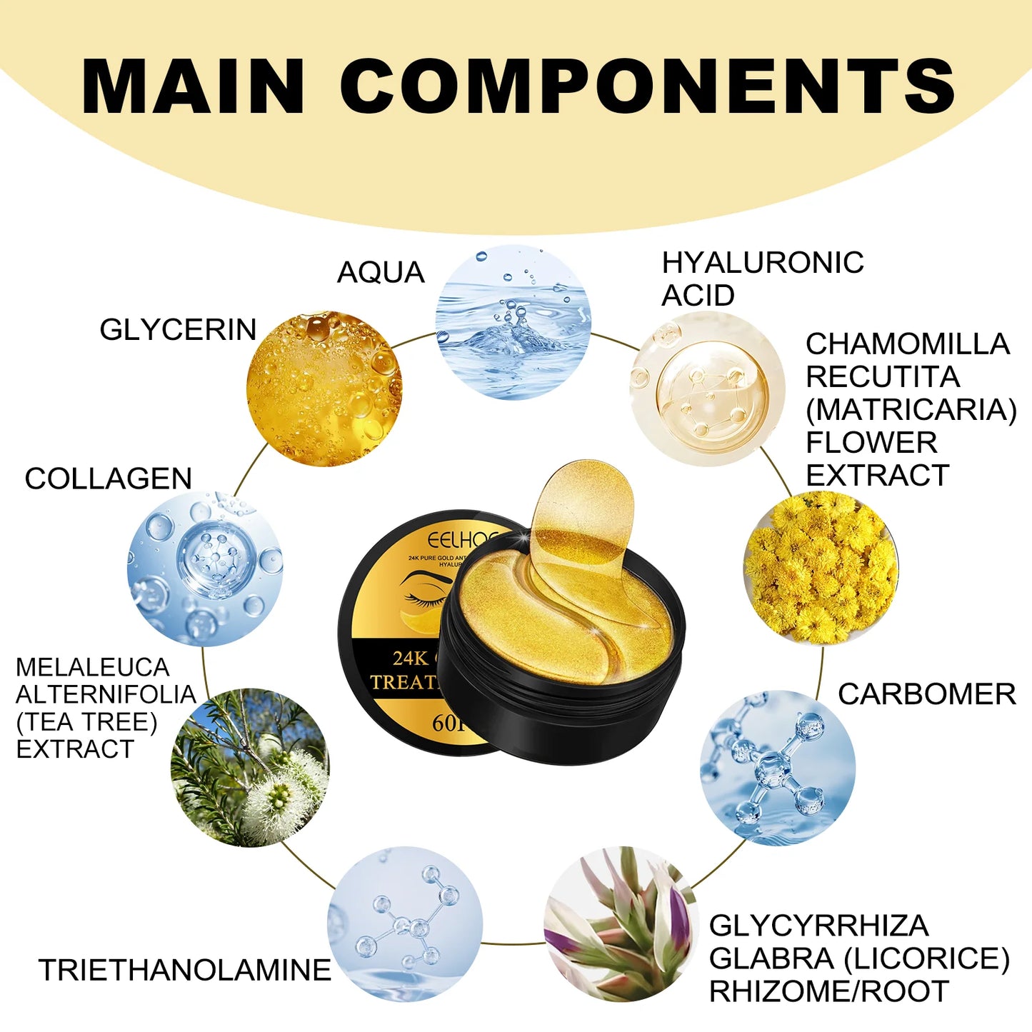 EELHOE 24K Gold Under Eye Patches – 60 Pcs Collagen & Hyaluronic Acid Anti-Aging Eye Mask