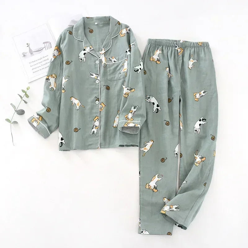 2025 Kimono Femme Maple Leaf Pajama Set | 100% Gauze Cotton Long Sleeve Sleepwear for Women | Autumn Pyjamas Hot Sale