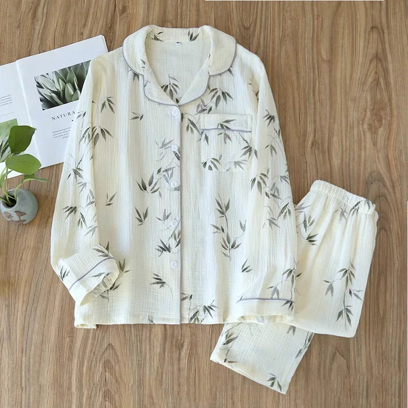 Large Size Women's Cotton Crepe Pajama Set | Long Sleeve Top & Trousers | Simple Comfortable Homewear for Summer & Autumn