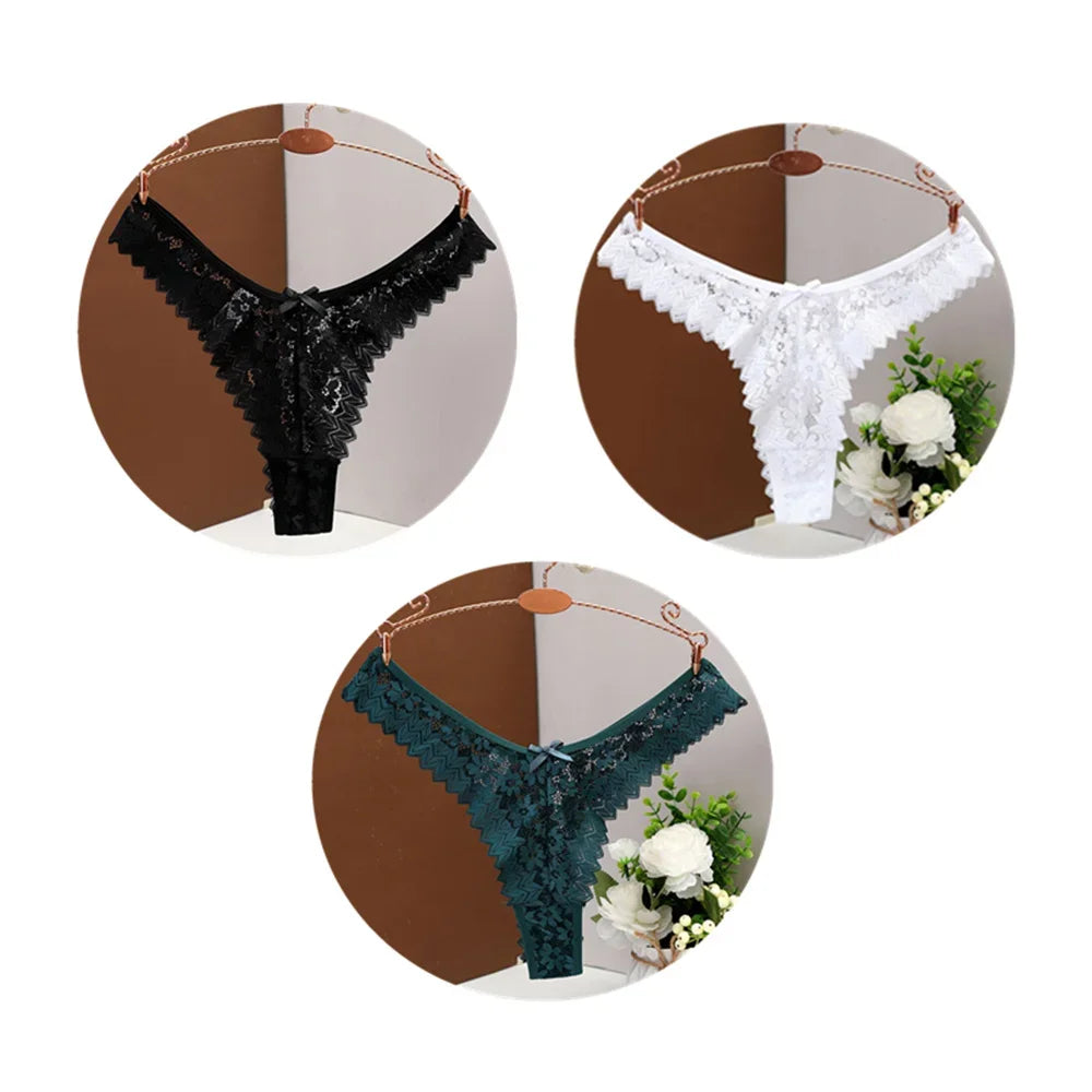 3PC Sexy T-Back Thong Panties for Women – Mid Waist Lace Transparent V-Shape Underwear