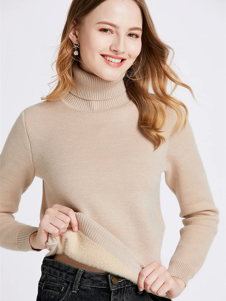 Thick Velvet Turtleneck Sweater for Women – Korean Fashion Warm Lined Knit Pullover | Slim Winter Jumper Top