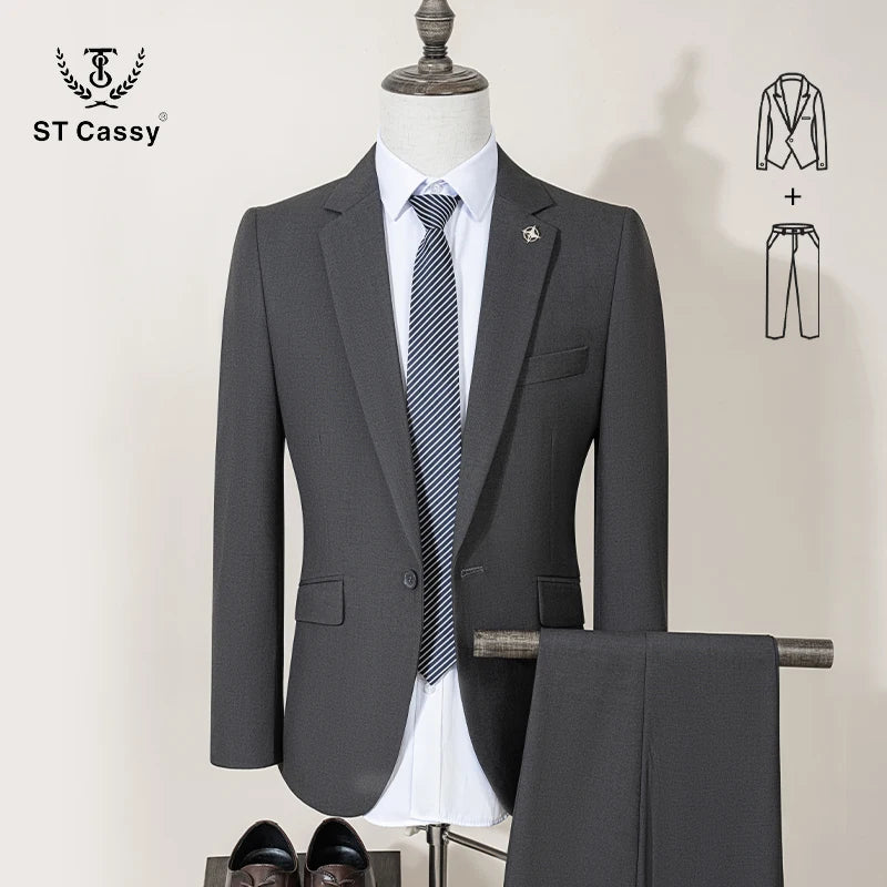 ST Cassy Men's Slim Fit 2-Piece Suit – Solid Color Formal Business & Office Wear