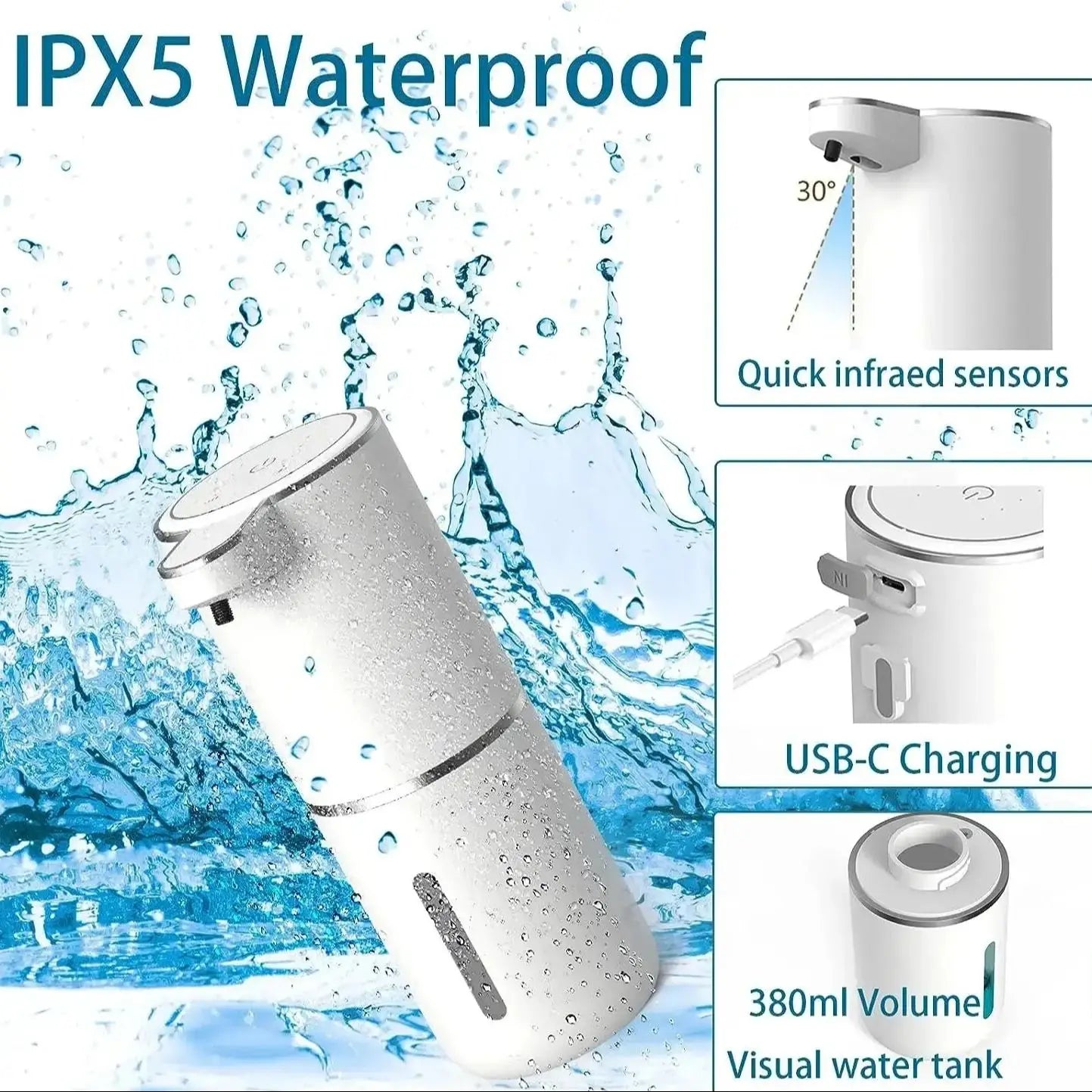 موزع صابون رغوي أوتوماتيكي - مضخة صابون كهربائية بدون لمس، سعة 380 مل | قابلة للشحن عبر USB مع 4 مستويات رغوة قابلة للتعديل