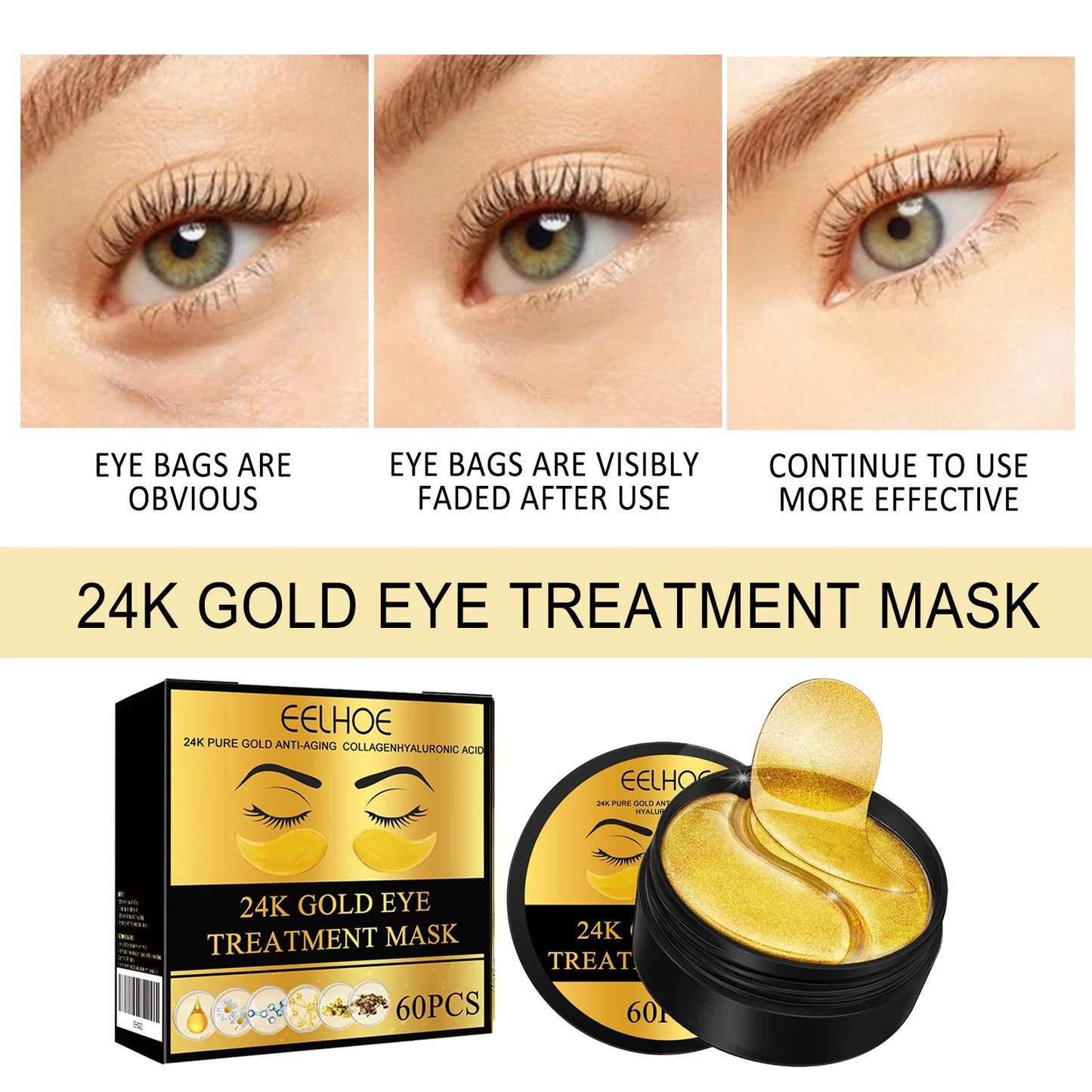 EELHOE 24K Gold Under Eye Patches – 60 Pcs Collagen & Hyaluronic Acid Anti-Aging Eye Mask