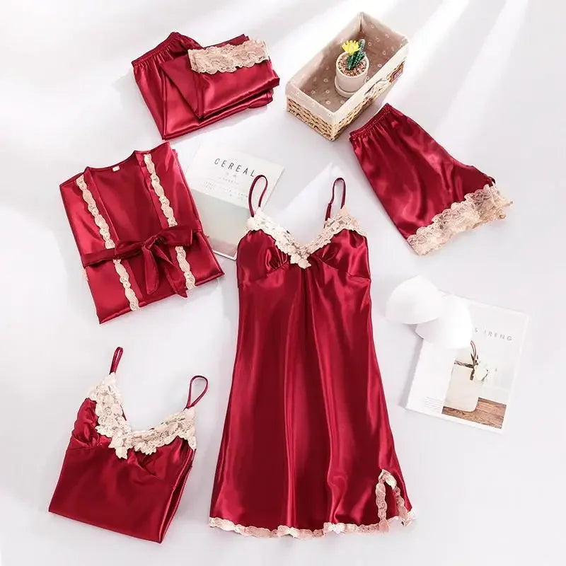 5PCS Women's Satin Sleepwear Set | Lace V-Neck Pajamas | Comfortable Spring Homewear PJS