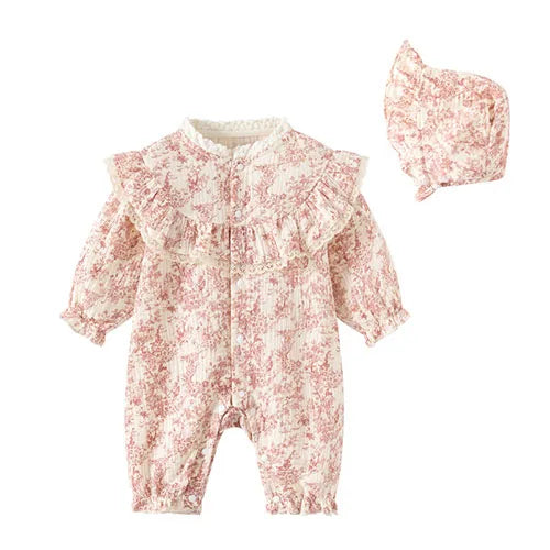 Baby Girl Romper Set Long Sleeve Cotton Korean Style Outfit with Hat 0-24M