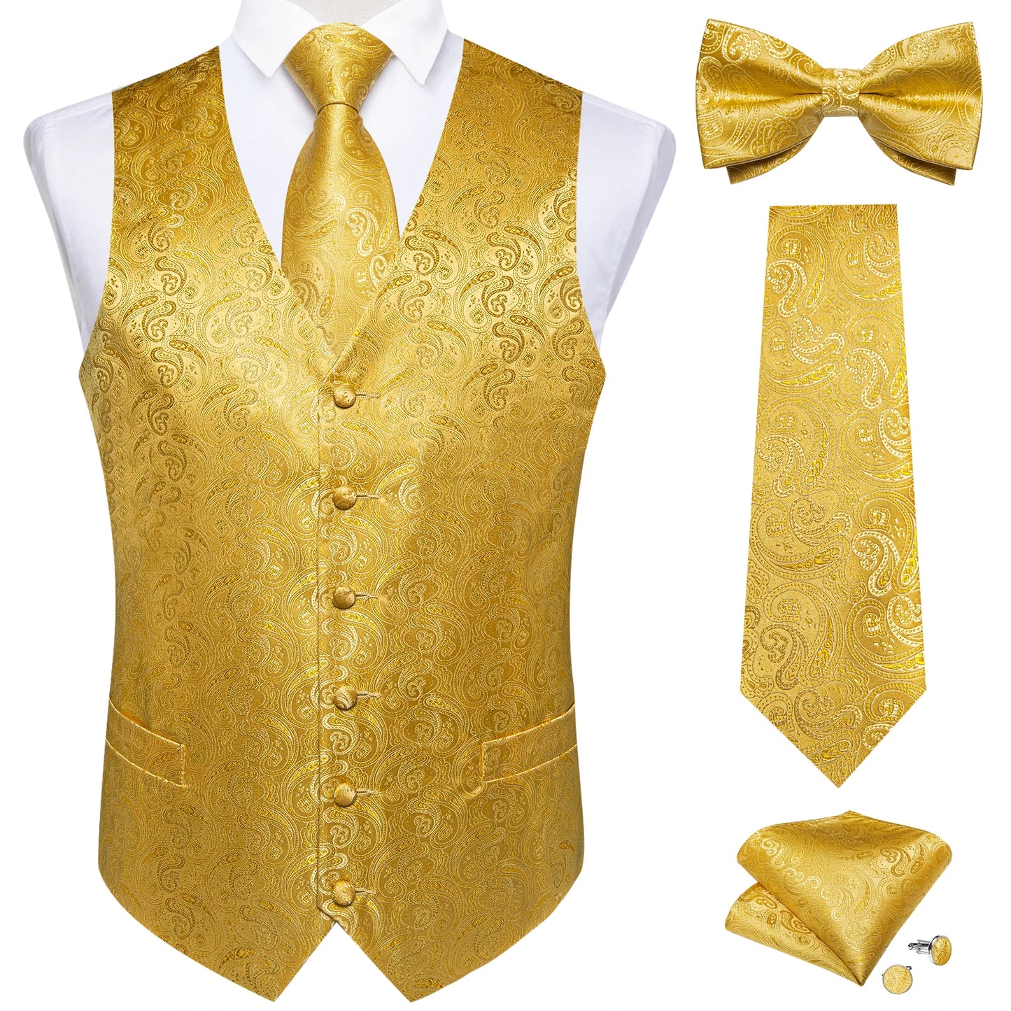 Men's Black Paisley Suit Vest with Necktie & Accessories – Formal Waistcoat for Wedding & Prom