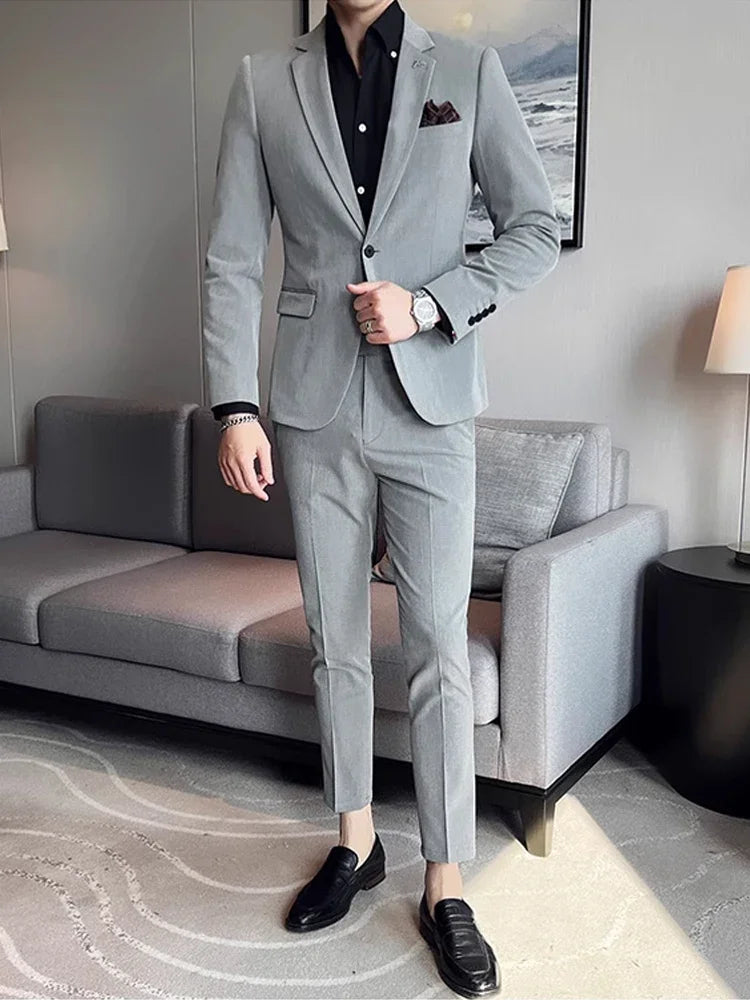 Men's High-End Solid Color Suit – Jacket & Pants for Business, Wedding & Party