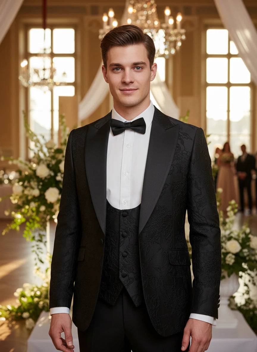 ST Cassy Men's Slim Fit Black Tuxedo – Retro Carving 3-Piece Groom, Wedding & Prom Suit