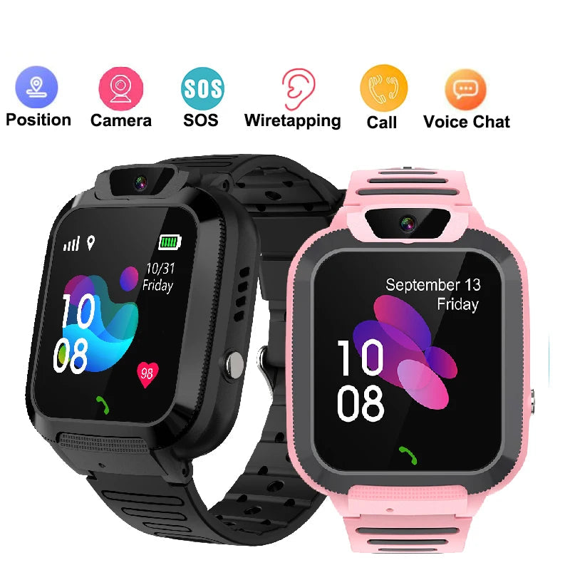 Two smartwatches, one black and one pink, with feature icons above on a white background.