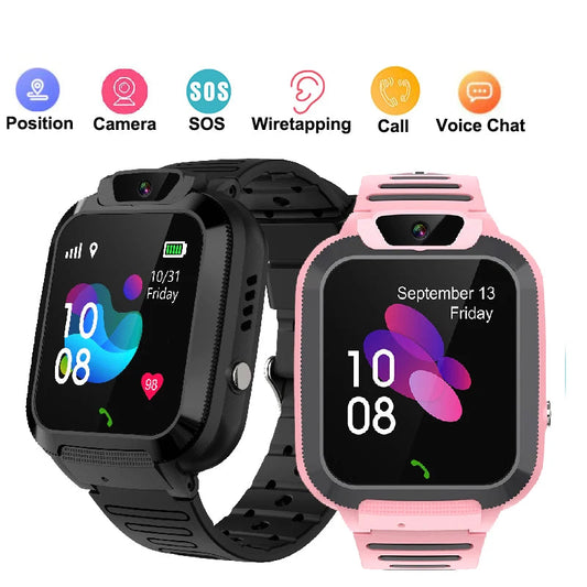 Two smartwatches, one black and one pink, with feature icons above on a white background.