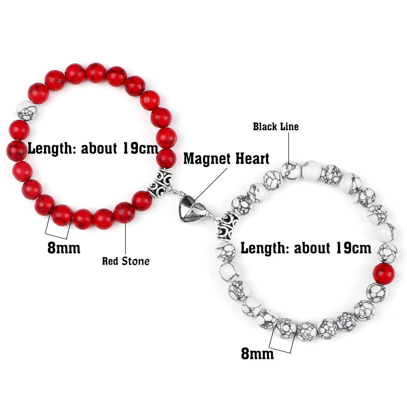 2-Pcs Natural Stone Bead Couple Bracelets – Heart Magnet Distance Friendship Jewelry Gift for Lovers